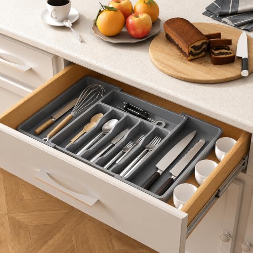 Image of Large Silverware Drawer Organizer, Expandable Utensil Tray for Kitchen, BPA Free Flatware and Cutlery Holder, Adjustable Plastic Storage for Spoons Forks Knives, Grey, Pack of 2