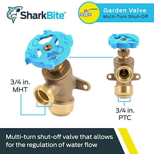 Image of SharkBite 3 /4 Inch x 3 /4 Inch MHT Garden Valve, Multi Turn, Push to Connect Brass Plumbing Fitting, PEX Pipe, Copper, CPVC, PE-RT, HDPE, 24623LF