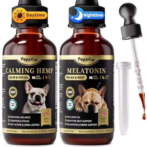 POPPAW Dog Calming & Melatonin Drops, Day & Night Calm Support Set, Anxiety & Stress Support Calming Treat, Enhance Calmness & Sleep for Separation, Travel, Fireworks & Thunder, Bacon Flavor, 2 FL.Oz
