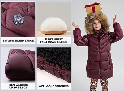 Image of SOLOCOTE Girls Winter Coat - Heavyweight Water-Resistant Faux Fur Hood Sherpa Lined Elastic Cuffs with Zip Pockets Long Parka