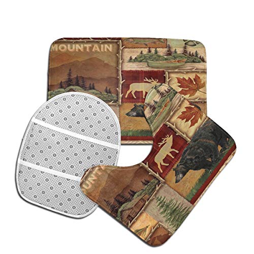 Rustikaler Badteppich, Motiv: Lodge Bär, Elch, 3-teiliges Set, Badematte + Konturteppich + WC-Deckelbezug mit… – Bild 4