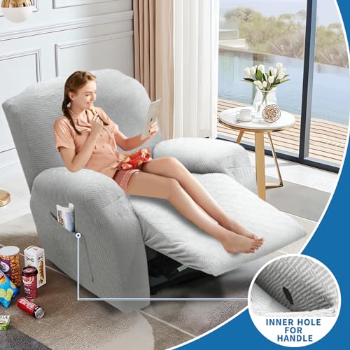 XINEAGE 4-Piece Recliner Cover Stretch Jacquard Slipcover with Pocket, Washable Recliner Chair Protector for Kids, Pets, Dogs, Cats (Silver Grey)