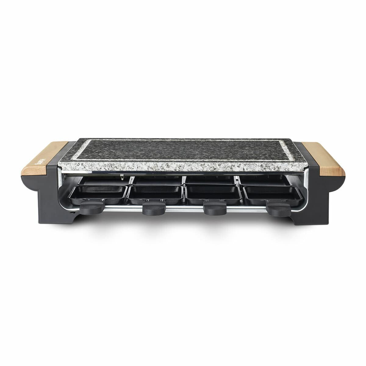 H.Koenig Pietra di cottura 2 in 1 con apparecchio per raclette da 8 persone RP328 design in legno, griglia multifunzione in granito,pietra rimovibile, Accessori: 8 teglie antiaderenti