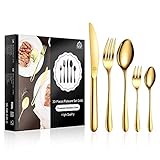 vancasso Besteck Gold Set 6 Personen,30-Teilig Edelstahl Besteckset mit Messer/Gabel/Löffel/Dessertlöffel, 18/10 Edelstahl Besteckset Poliert mit Geschenkbox, Spülmaschinenfest