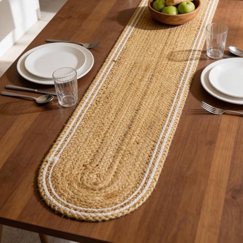 Image of Encasa XO Dining Table Runner | Handmade Woven Natural Jute Runner | Size 30x137 cm | Off White & Jute Natural Bleach Color | Heat Resistant Rustic Home Decor for Coffee, Teapoy Cover & Center Table