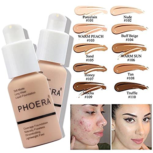 Hilareco 699747132374 Phoera Foundation 104 And 105 & Face Primer,Liquid Full Coverage Foundation Set,Foundation Brush Powder Brush,5 Makeup Sponge,30Ml Phoera 24Hr Matte Oil Control Concealer thumb #1