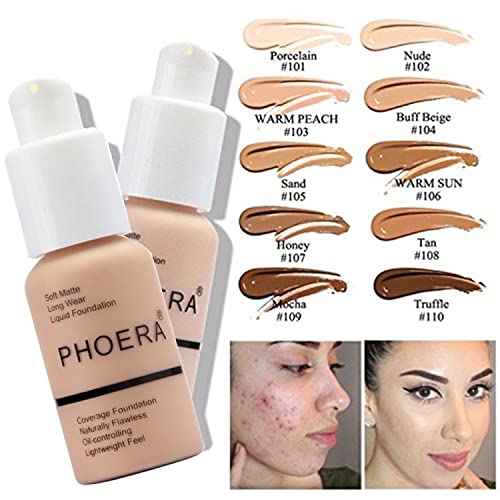 2 PCS PHOERA Foundation Full Coverage Foundation PHOERA Primer,Kabuki Makeup Brushes Foundation Brush Powder Brush,5 Makeup Sponge,30ml PHOERA Matte Oil Control Concealer (102 Nude +104 Buff Beige)