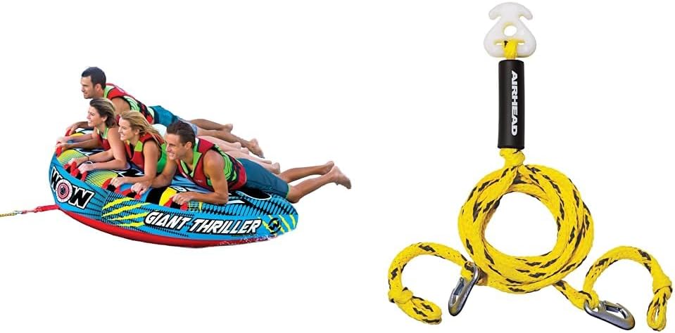 WOW Sports 680lb 1-4 Person Giant Thriller Towable Tube Bundle with Airhead 16ft Heavy Duty Tow Harness for Towables