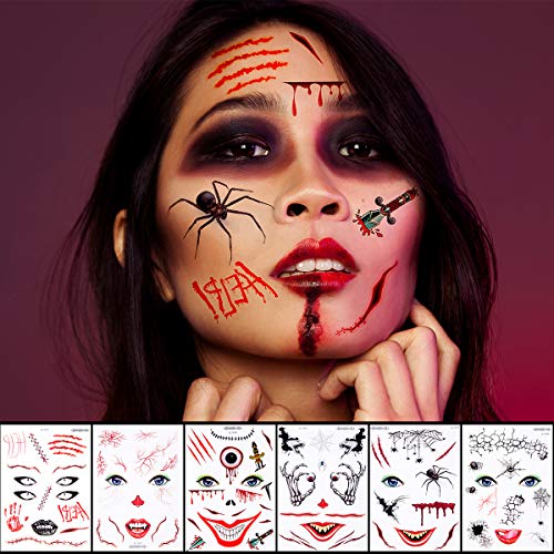 10 Sheet Halloween Temporary Tattoos - Fake Scars & Wounds Tattoos with Blood, Spider Face Stickers for Horror Theme Party Makeup - Image 3