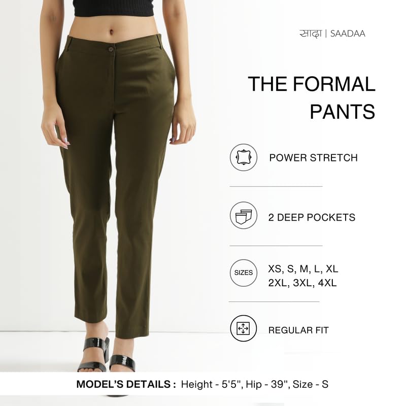 Image of SAADAA Women Pants Formal Straight Fit Cotton Satin Lycra Pant, Regular Fit Trouser for Office Work & Casual wear- Mid Rise, Elasticated Waistband, 4 Deep Pockets
