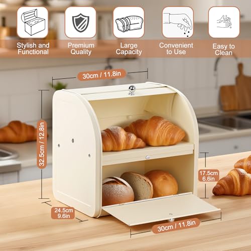 Nymblis Bread Bin, Bread Bins for Kitchen, Double Bread Box with Roll Top Lid, Metal Bread Storage Containers Bins Creamy White (30 x 25 x 33 cm) - Cosy Home Interiors Nymblis Bread Bin, Bread Bins for Kitchen, Double Bread Box with Roll Top Lid, Metal Bread Storage Containers Bins Creamy White (30 x 25 x 33 cm) - Image 2