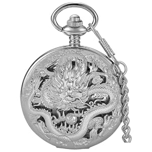 Dragon Design Quartz Pocket Watch Roman Numerals with Chain Birthdays Gifts for Father’s Days