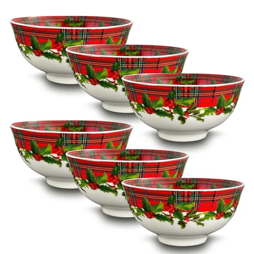 ARCA, Set di 6 Ciotole in Porcellana, per 6 Persone, con Decorazione Natalizia Scozzese, Resistenti e Durature, Ideali per la Tavola, Idea Regalo di Natale, 12x5,5 cm