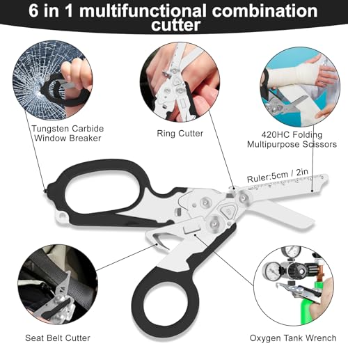 Image of 6 in 1 trauma shears, Folding Retractable Emergency Shears, Outdoor Camping Tools, Seat Belt Cutter, Oxygen Cylinder Wrench, Complimentary Adjustable Wrench (black)