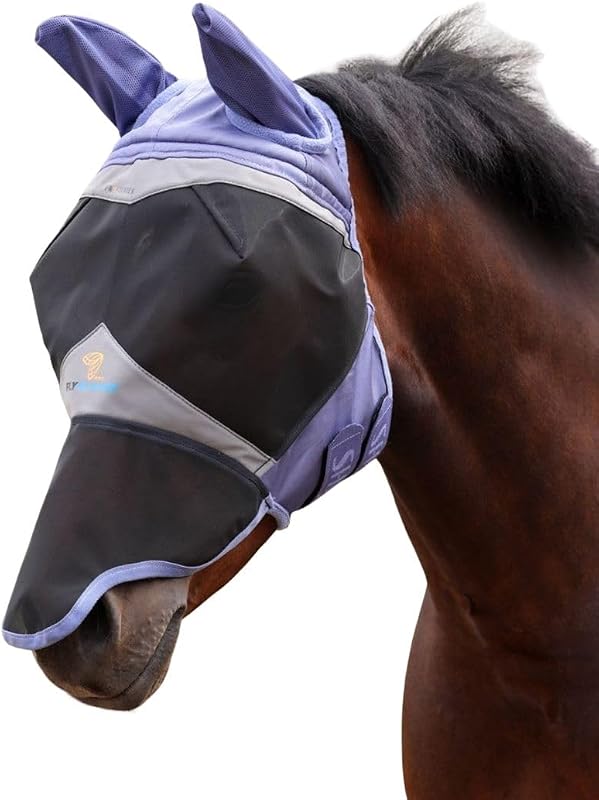 Máscara contra moscas para cavalos Shires FlyGuard Pro com tela fina e proteção UV Sky/Ears and Nose Extra Full