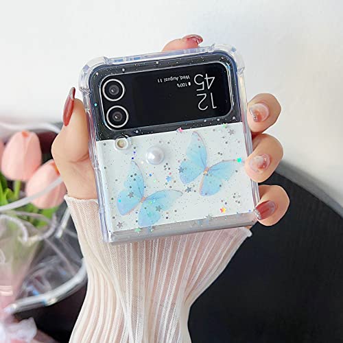 Shinymore Galaxy Z Flip 3 Clear Case, Cute Pretty Butterfly Glitter Shockproof Soft Flexible Rubber Girls Women Cover Case For Samsung Z Flip 3 (Blue) #TOP2