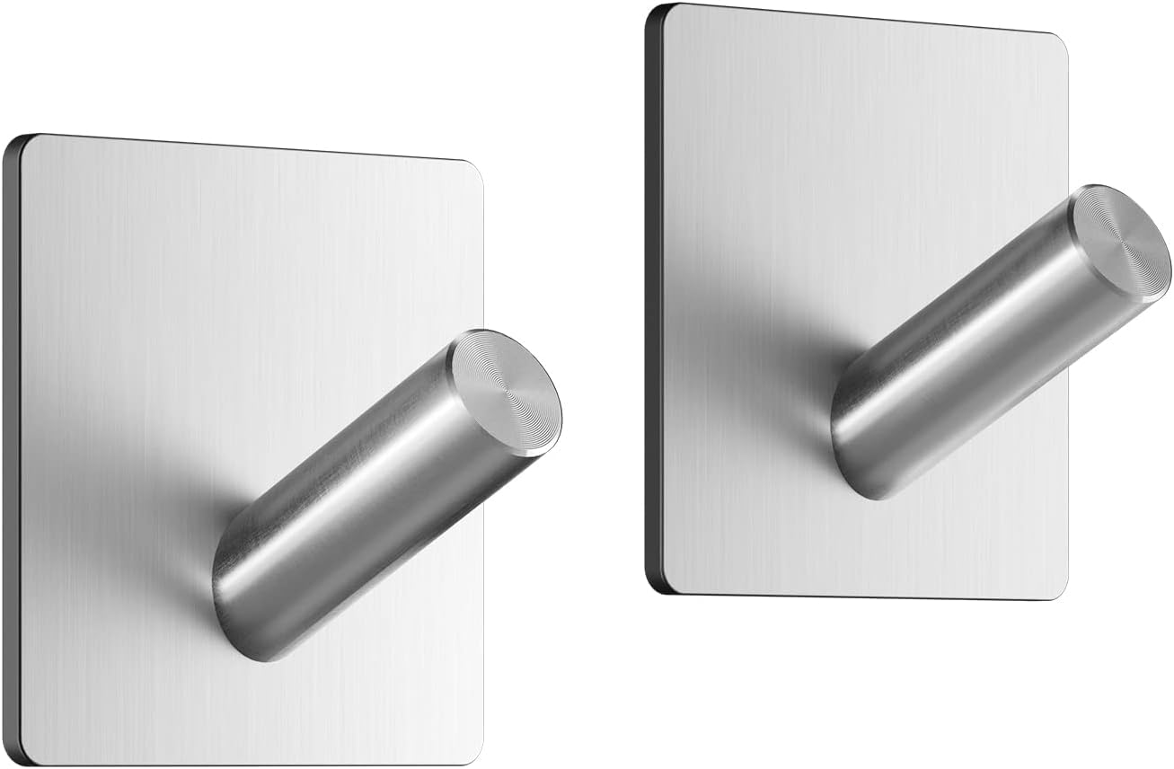 Dripex Sliver Self Adhesive Hooks - Set Of 2, Stainless Steel - Strong Sticky Hooks For Hanging Towels, Bathroom Towel Hooks, Tea Towel Hooks, Stick On Hooks