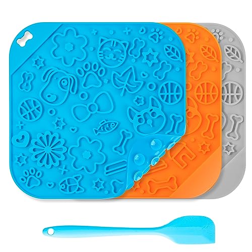 Pysona 8 Inch Dog Feeding Mats Square Pet Slow Feeders Anti Gulping Healthy Eating, Silicone Bowls Design for Small Medium Size Dogs and Cats (OrangeBlueGrey1)