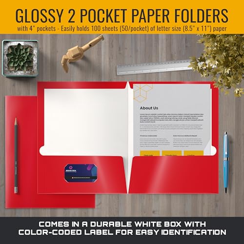 Image of Better Office Products 2 Pocket Glossy Laminated RED Paper Folders, Letter Size, Paper Portfolios Box of 25 Red Folders