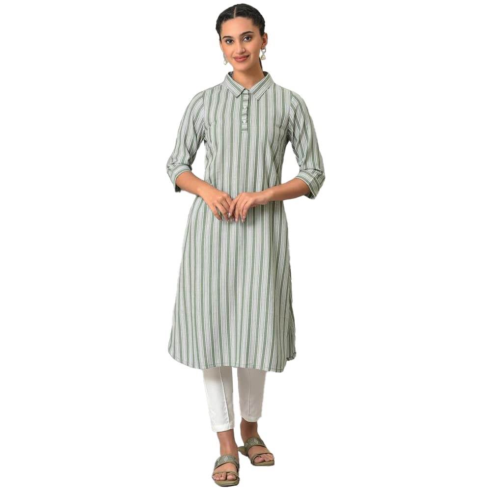 Aurelia Women's Cotton Regular Fit Solid Regular Stripe Print Shirt Collar Kurta in neutral