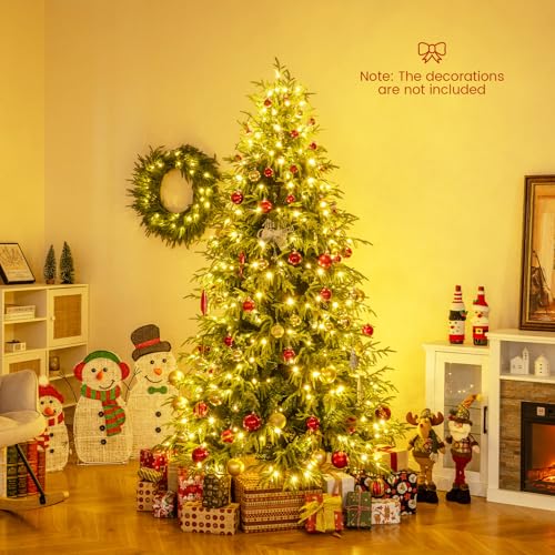 Image of Goplus 7 FT Pre-Lit Artificial Christmas Tree, Hinged Faux Xmas Tree with 1217 Soft TPE & PVC Mixed Branch Tips, 400 Warm White LED Lights, Foldable Metal Stand, Holiday Party Home Office Decoration