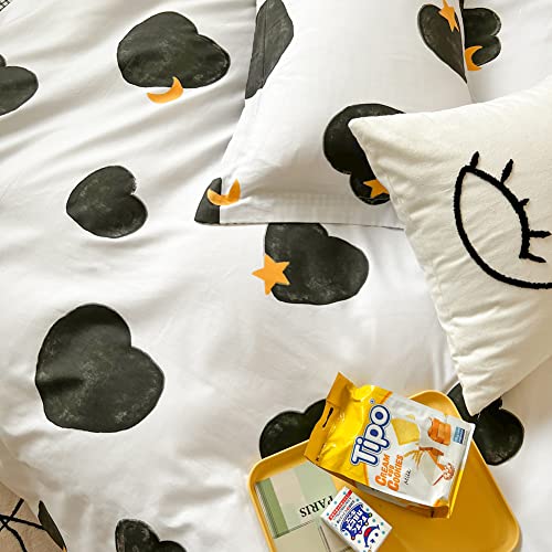 Blueblue Hearts Kids Duvet Cover Set Queen 100% Cotton Bedding For Boys Girls Teens Black Heart Yellow Star Moon Pattern On White 1 Love Full Comforter Cover 2 Pillow Shams (Queen) #TOP4