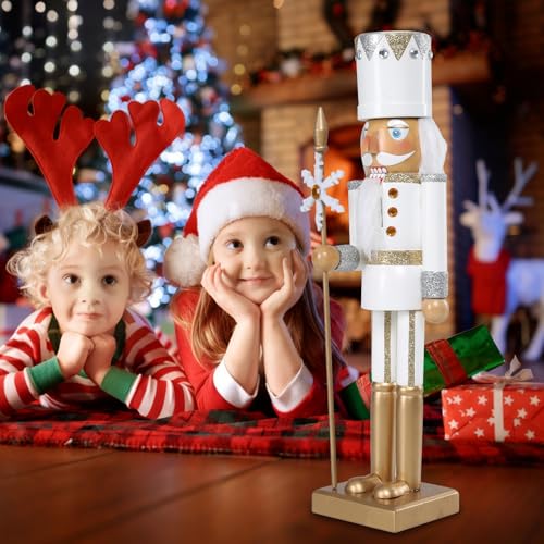 WONDER GARDEN Christmas nutcrackers, 14 Inch Nutcracker Christmas Decor, White Wooden King Solider Nutcracker Figures Ornaments with Snowflake Sceptre Decorations for Shelves and Tables Decor - Thumbnail 7