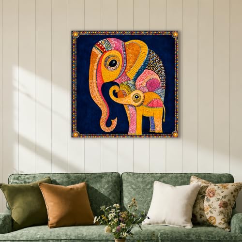 Image of PAINTINGMANTRA Gond Art of Elephants Wall Decor Print Multicolor | Canvas Painting Stretched on Wood | Suits For Living Room, Bedroom, Hallways (22x22 Inch)