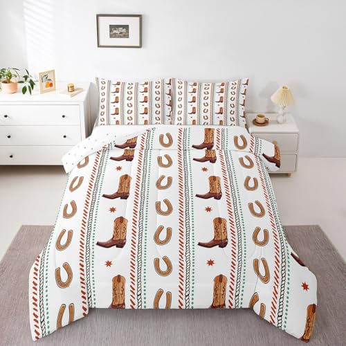 Loussiesd Juego de edredón de decoración occidental para niños y niñas, edredón de botas de equitación, tamaño King, juego de ropa de cama de vaquero salvaje occidental, decoración de dormitorio