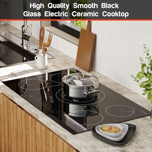 Image of Karinear 36 Inch Electric Cooktop, 5 Burners Electric Stove Top, Drop-in | Flexible Bridge &Triple Ring Expandable Burners, Pause, Timer, Child Lock, 9600W, Built-in Ceramic Cooktop 220-240V HardWired