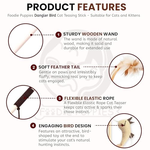 Image of Foodie Puppies Interactive Cat Teasing Wand - (Double Dangler Bird) for Cats and Kittens | Wooden Teaser with Stringed Feathers and Bell | Cat Toy for Teasing & Exerciser