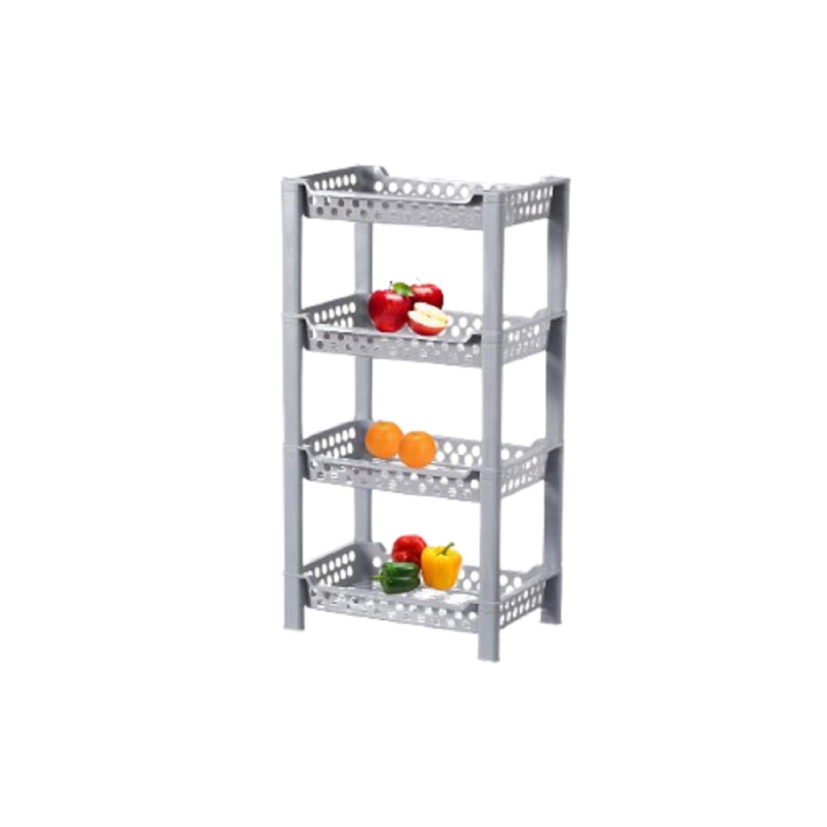 Qualiware Grey 4 Tier Food Veg Storage Caddy Rack Organise Fruit Trolley Basket Stand Corner Fruit Basket Caddy Plastic Organiser Standing Shelf Rack Vegetables (Grey)
