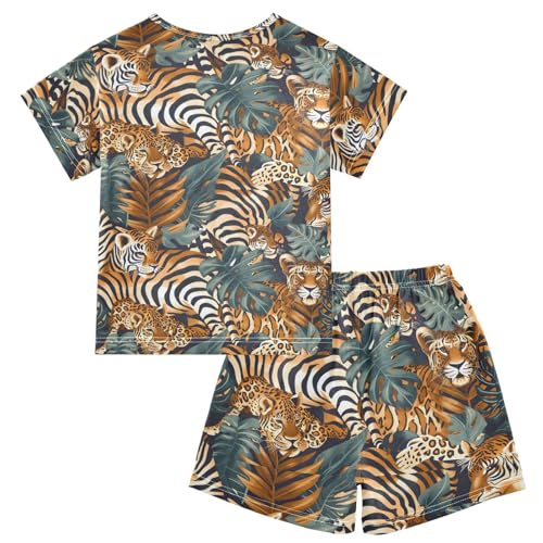 ALAZA Leopard Zebra Palm Leaf Color Pajamas Short Sleeve 2 Piece Sleepwear Top and Bottom Pajama Set Unisex2
