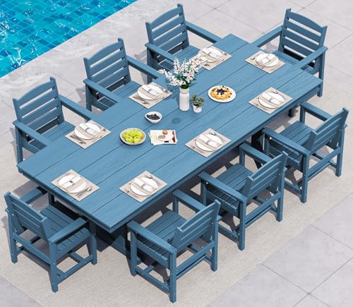 SERWALL 9 Piece Outdoor Dining Set, 84' HDPE Outdoor Table and Chairs for 8，All Weather Patio Furniture Set with Umbrella Hole for Backyard, Garden, Blue