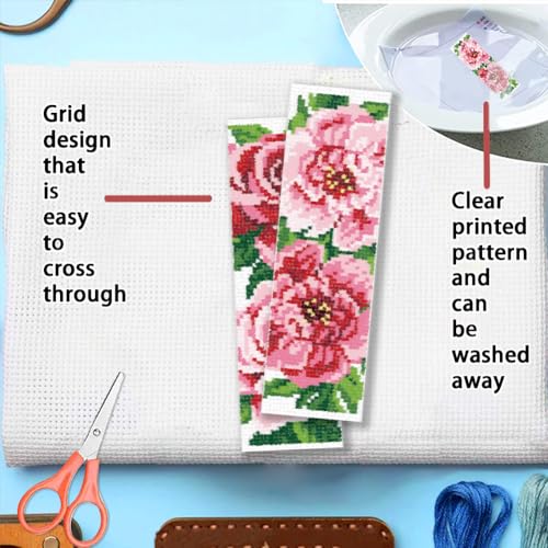 Image of FREEBLOSS 6 Set Cross Stitch Bookmarks Kit Large Flowers Stamped Cross Stitch Kit DIY Embroidery Bookmark Set with Instruction for Adults Beginners Gift for Reading Enthusiasts 8 * 2.4inch 11CT