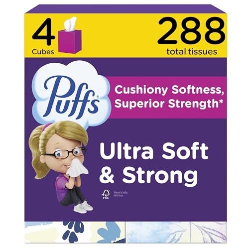 Image of Puffs Facial Tissues Ultra Soft, 4 Mega Cube Boxes, 72 Facial Tissues per Box, Allergies and Colds (Packaging May Vary)
