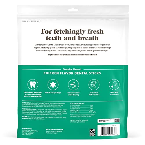 Image of Amazon Brand - Wonder Bound Chicken Flavor Dental Sticks for Small /Medium Dogs (15-40 lbs), 6-Ridge Shape for Plaque & Tartar Control, Freshens Breath, Made with Real Chicken, 45 Count (Pack of 2)