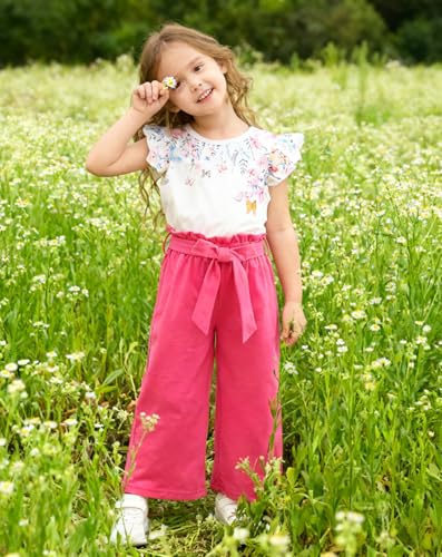 Image of Toddler Kid Girl Clothes Casual Ruffle Sleeve Floral Printed Top Solid Pants with Belt 3PC Outfit Set