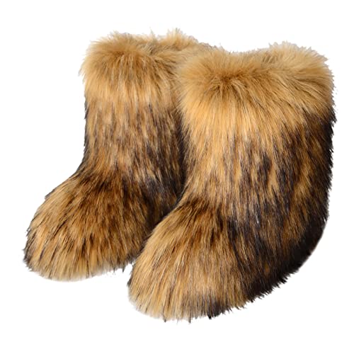 Women's Faux Fur Boots Furry Mid Calf Fur Boots Comfortable Outdoor Flat Shoes Winter Warm Plush Surface Snow Boots