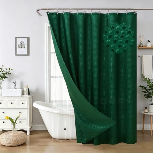 Hunter Green Waffle Shower Curtain 3 in 1 Set with Hooks - Includes Luxury 180GSM Weighted Cloth Curtain & Waterproof Liner, 12 Hooks, 72x72 for Bathroom (Hunter Green, 3 IN 1 Shower Curtain Set)