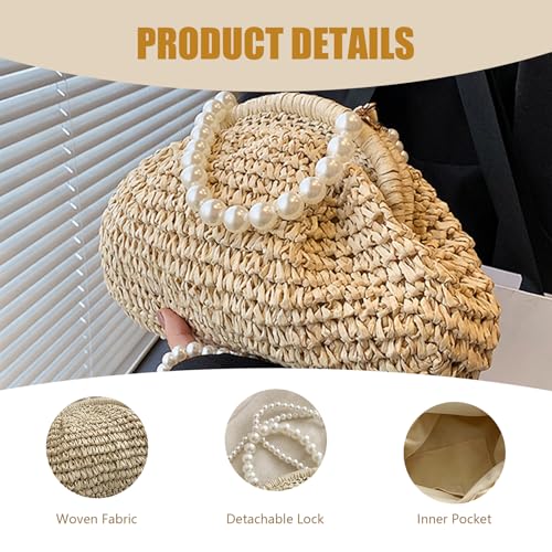 Straw Purse Cloud Dumpling Bag Elegant Woven Purse with Pearl Handle and Shoulder Strap Handbag Crossbody Bags for Women Summer Beach Travel Dating Beige, Straw, Christmas Decor4