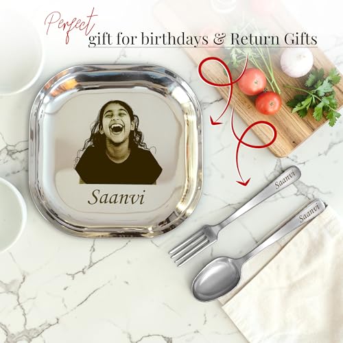 Image of SAVRI Personalized Stainless Steel Plate Set for Kids - Customized Laser Photo & Name Printed | Plate, Spoon & Fork Combo for Baby, Toddler & Children | Birthday, Return Gift & Daily Use (3 Pieces)