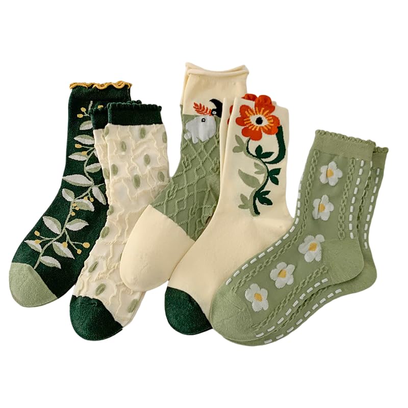 5/10 Pairs Embroidered Floral Socks for Women Combed Cotton Above Ankle Crew Socks (5 Pairs-Set A)