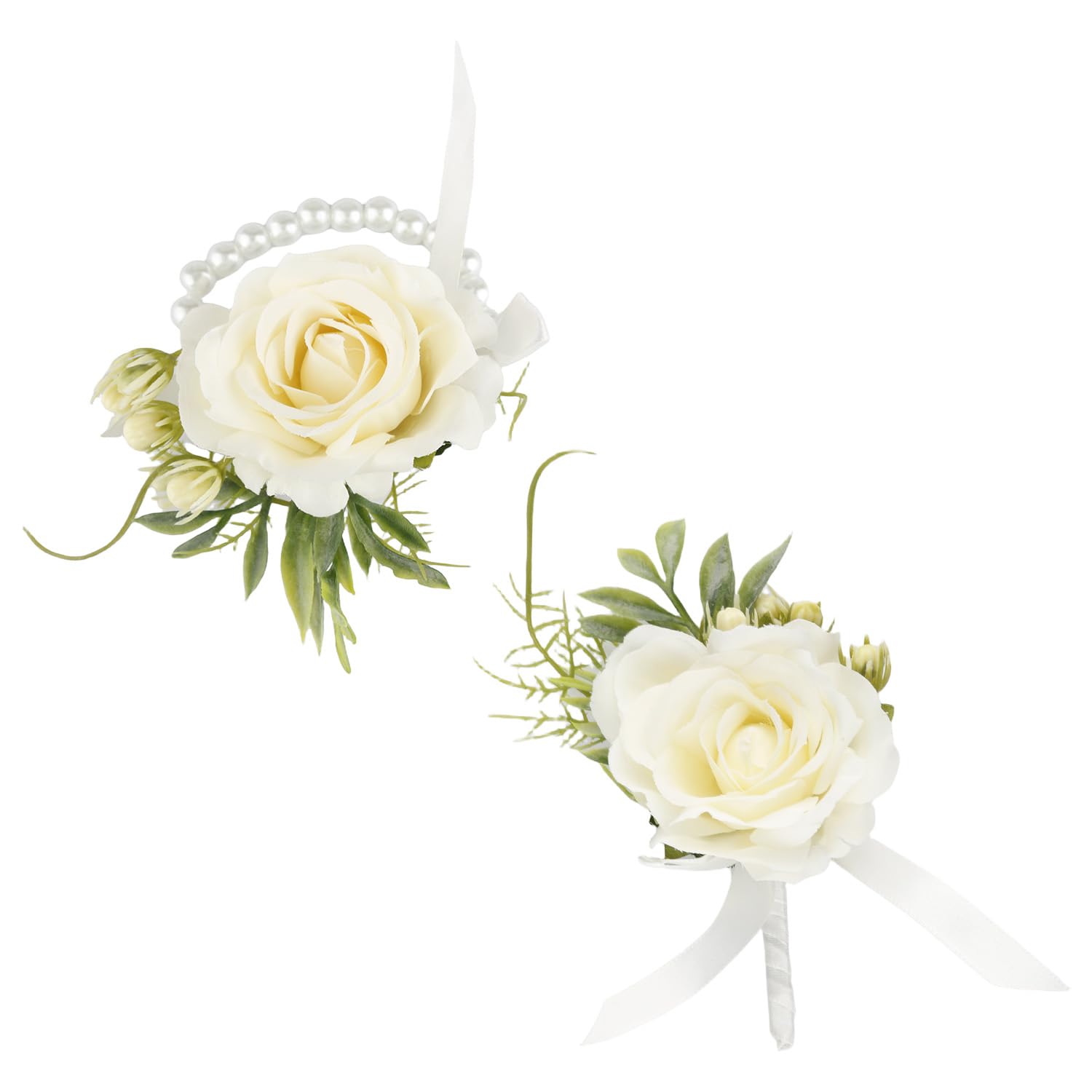 Wellrun 2PCS White Rose Corsage and Wristlet Set,Handmade Artificial Rose Boutonniere and Adjustable Bracelet for Wedding,Prom,Bridesmaid,Bridal