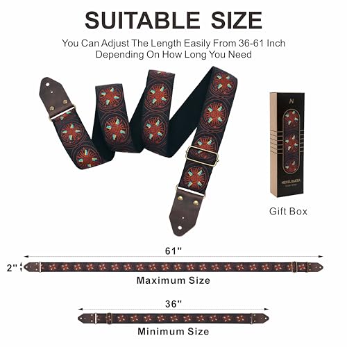 Image of Nefelibata Guitar Strap,Jacquard Embroidery Cotton Guitar Straps with Crazy Horse Leather Ends for Bass, Electric & Acoustic, Best Gifts for Kids, Guitarists(Orange Sun Embroidery)