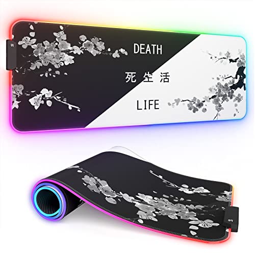 ITNRSIIET RGB Gaming Mouse Pad, Full Desk XL Extended Large Gaming Mousepad, 12 Light Modes, Ultra Thick, Big LED Desk Mat for Keyboard Computer Men Gamer Esport Pros, 32 x 12 , Anime Japanese Sakura