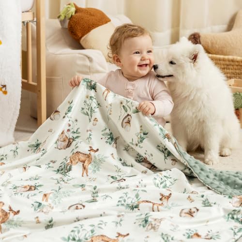 Image of PHF Minky Baby Blanket for Boys Girls, 40x50 Inches Soft Double Layer Baby Blankets with Woodland Animals, Receiving Blanket Bed Throws for Neutral, Infant, Babies