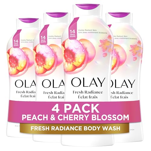 Olay Body Wash for Women, Fresh Radiance, Refreshing & Renewing, Made with Plant Based Cleansers, B3 Botanical Complex, For All Skin Types, Peach & Cherry Blossom Scent, 22 fl oz (Pack of 4)