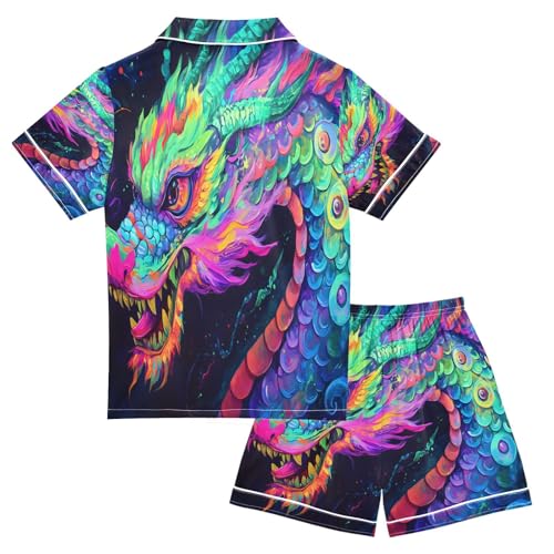 ALAZA Colorful Dragon Black Satin Pajamas Set Short Sleeve Button Down Sleepwear Summer Pjs 2 Piece2