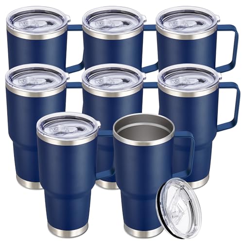 Image of 30 oz Stainless Steel Tumblers Bulk with Handle and Lid, 8 Pack | Powder Coated, Double Wall Vacuum Insulated, Leak Proof Lid, Keep Drinks Cold and Hot, for office, party, camping, Navy